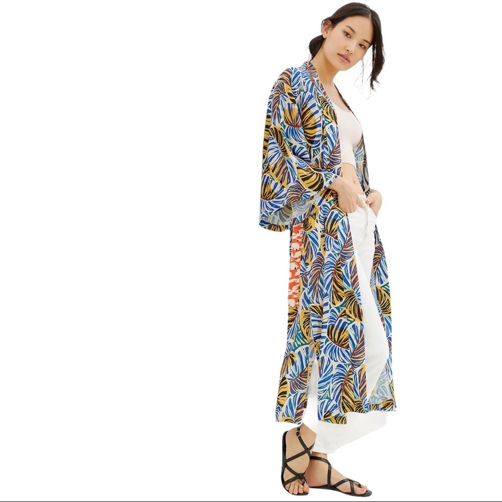Anthropologie Blue White Yellow Leaf-Print Swim Coverup Kimono